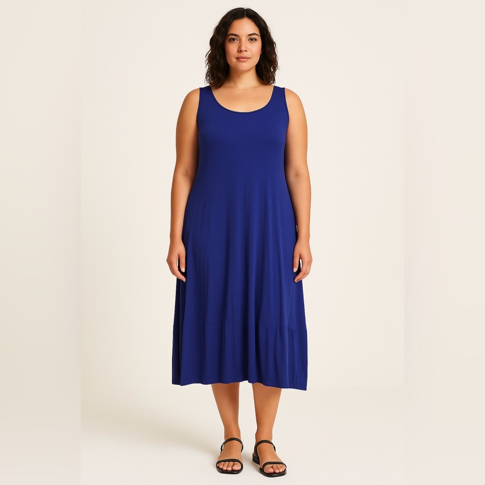 EILEEN FISHER Navy Sleeveless Midi Dress W/ Gathered Hem— Made in USA (L)